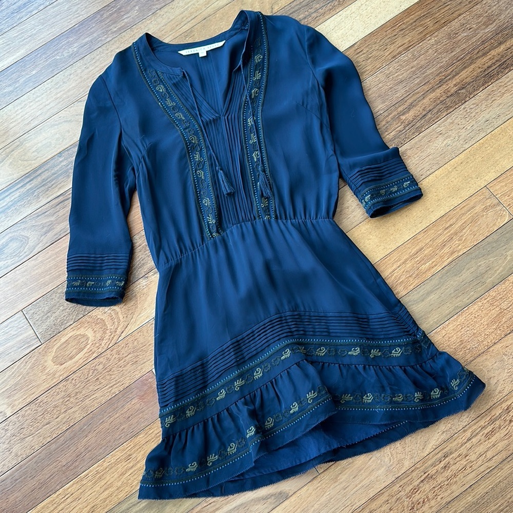 Veronica Beard Navy Blue Embroidered V-Neck Dress